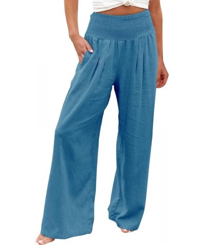 Linen Pants Women Wide Leg Pants High Waist Palazzo Lounge Pant 2024 Summer Beach Boho Casual Trousers with Pockets A3-blue~v...