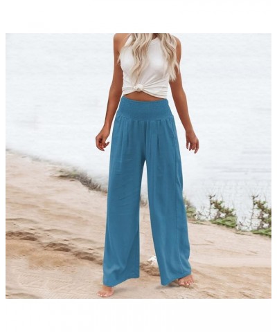 Linen Pants Women Wide Leg Pants High Waist Palazzo Lounge Pant 2024 Summer Beach Boho Casual Trousers with Pockets A3-blue~v...