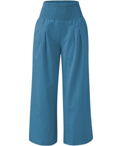 Linen Pants Women Wide Leg Pants High Waist Palazzo Lounge Pant 2024 Summer Beach Boho Casual Trousers with Pockets A3-blue~v...