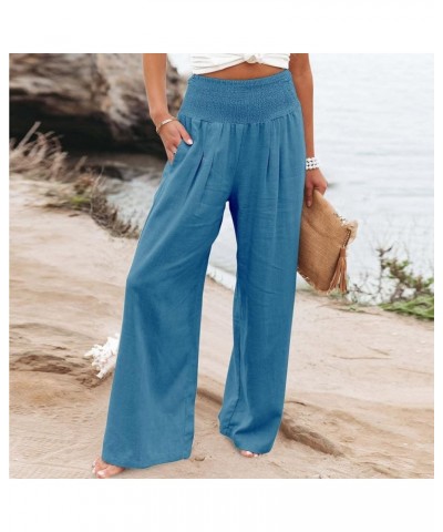 Linen Pants Women Wide Leg Pants High Waist Palazzo Lounge Pant 2024 Summer Beach Boho Casual Trousers with Pockets A3-blue~v...