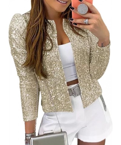 Womens Sparkly Sequin Open Front Blazer Coat Puff Long Sleeve Crop Jacket Champagne $22.95 Blazers