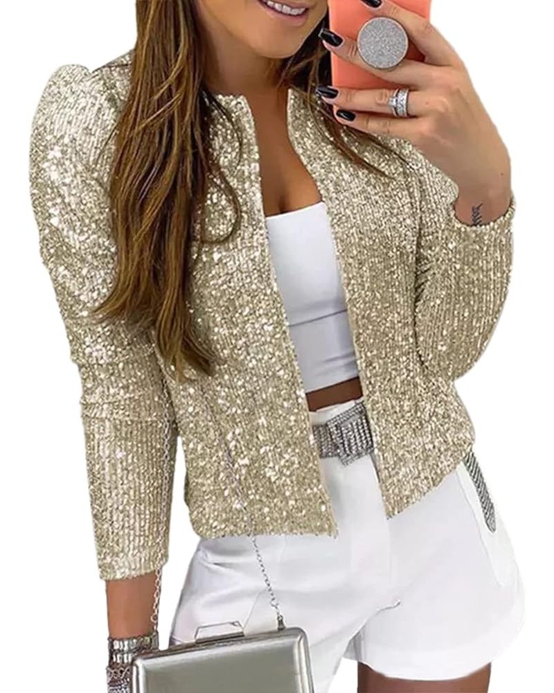 Womens Sparkly Sequin Open Front Blazer Coat Puff Long Sleeve Crop Jacket Champagne $22.95 Blazers