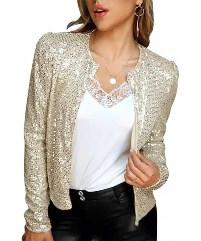 Womens Sparkly Sequin Open Front Blazer Coat Puff Long Sleeve Crop Jacket Champagne $22.95 Blazers