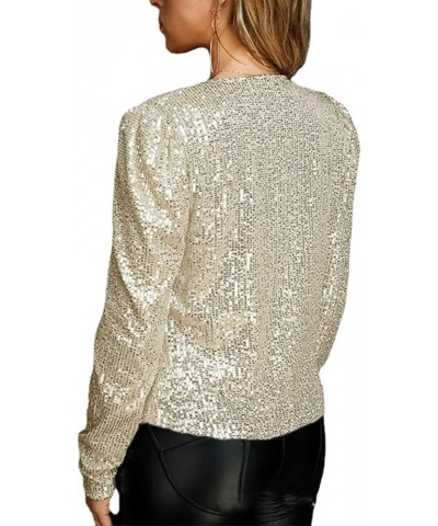 Womens Sparkly Sequin Open Front Blazer Coat Puff Long Sleeve Crop Jacket Champagne $22.95 Blazers