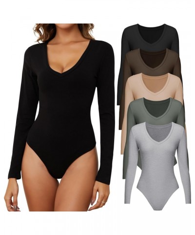 Womens 4/5 Pack V Neck Bodysuit Daily Casual Womens Long Sleeve Bodysuit Stretch Basic Body Suit Tops 5 Pack: Black&nude&ligh...