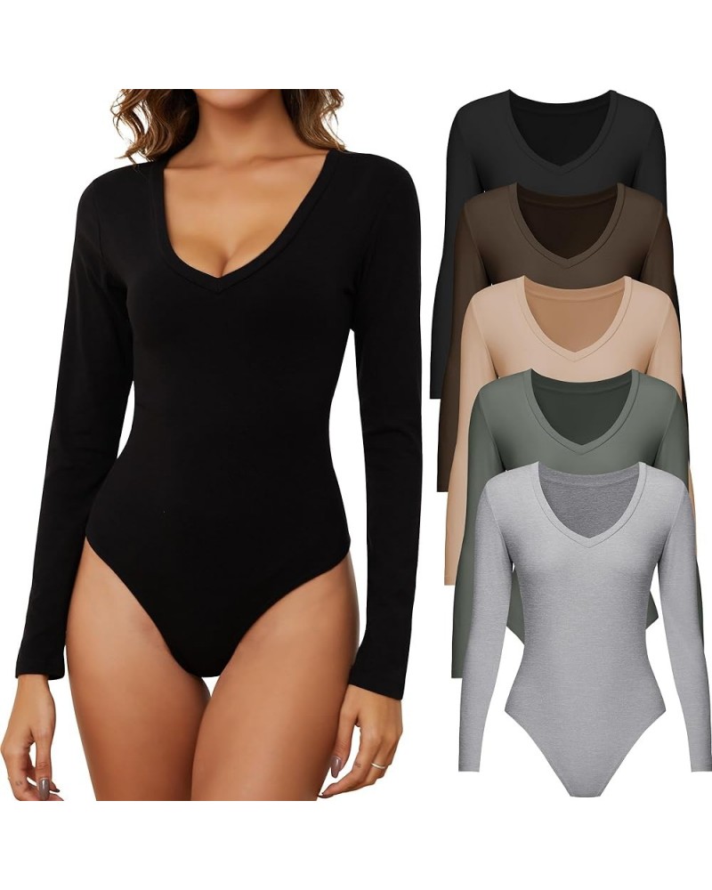 Womens 4/5 Pack V Neck Bodysuit Daily Casual Womens Long Sleeve Bodysuit Stretch Basic Body Suit Tops 5 Pack: Black&nude&ligh...