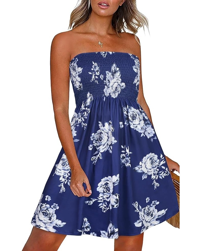 Summer Dresses for Women Beach Cover Ups Strapless Boho Floral Print Sundress Navy Rose Flower $13.85 Dresses