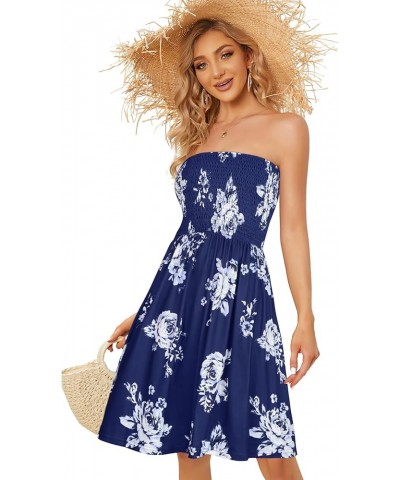 Summer Dresses for Women Beach Cover Ups Strapless Boho Floral Print Sundress Navy Rose Flower $13.85 Dresses