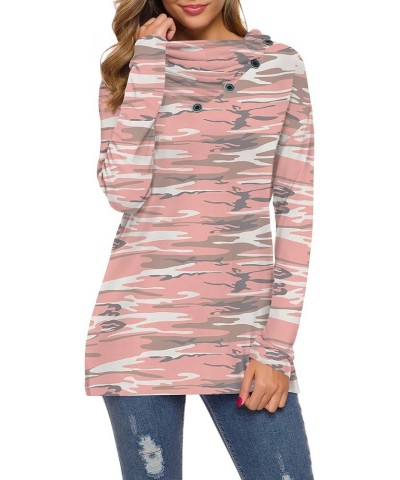 Womens Long Sleeve Button Cowl Neck Casual Loose Tunic Tops Blouse Camo Pink $16.31 Tops