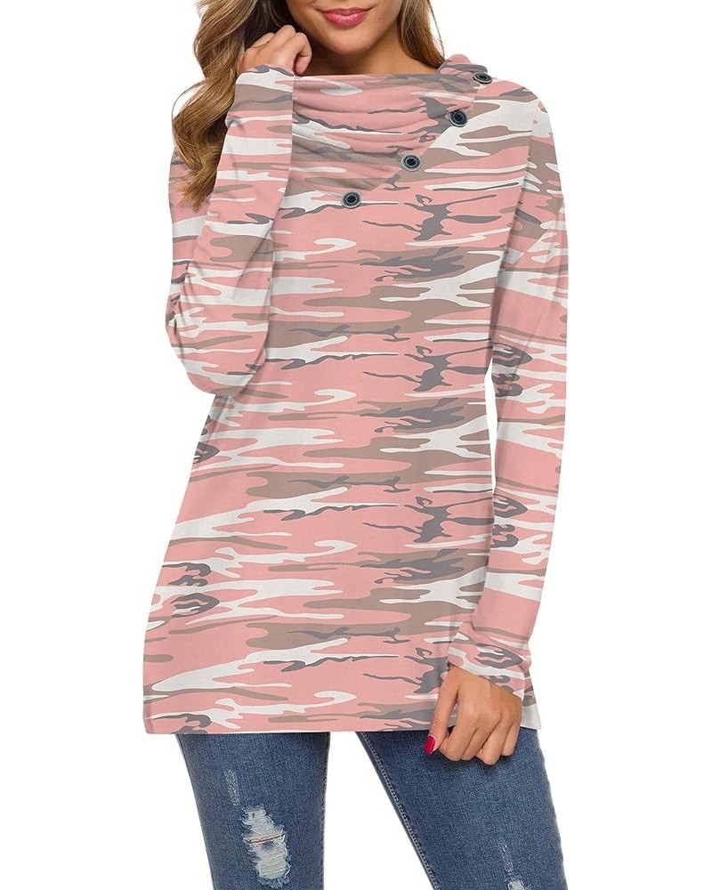 Womens Long Sleeve Button Cowl Neck Casual Loose Tunic Tops Blouse Camo Pink $16.31 Tops