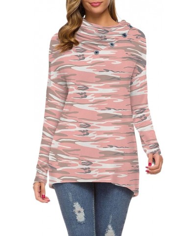 Womens Long Sleeve Button Cowl Neck Casual Loose Tunic Tops Blouse Camo Pink $16.31 Tops