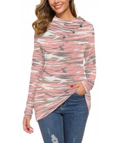 Womens Long Sleeve Button Cowl Neck Casual Loose Tunic Tops Blouse Camo Pink $16.31 Tops