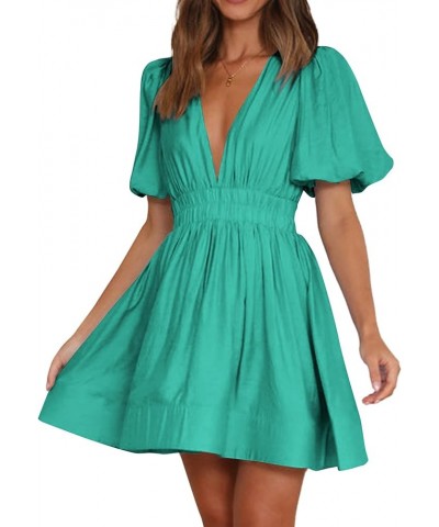 Women's Deep V Neck Puff Short Sleeve Shirred A Line Elegant Party Mini Dress Green $17.22 Dresses