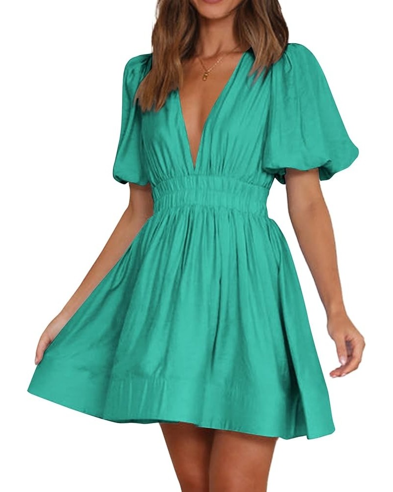 Women's Deep V Neck Puff Short Sleeve Shirred A Line Elegant Party Mini Dress Green $17.22 Dresses