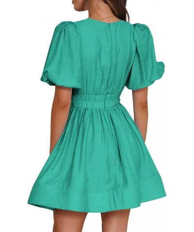 Women's Deep V Neck Puff Short Sleeve Shirred A Line Elegant Party Mini Dress Green $17.22 Dresses