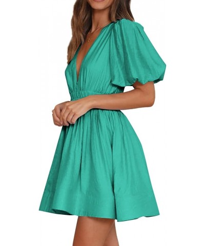 Women's Deep V Neck Puff Short Sleeve Shirred A Line Elegant Party Mini Dress Green $17.22 Dresses