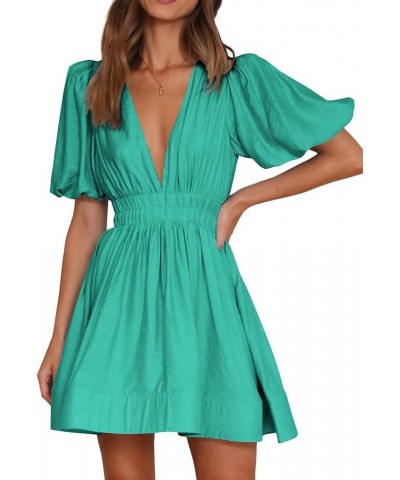 Women's Deep V Neck Puff Short Sleeve Shirred A Line Elegant Party Mini Dress Green $17.22 Dresses