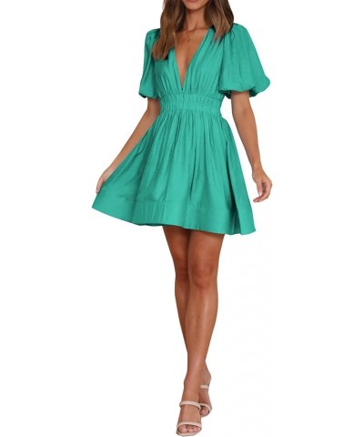 Women's Deep V Neck Puff Short Sleeve Shirred A Line Elegant Party Mini Dress Green $17.22 Dresses