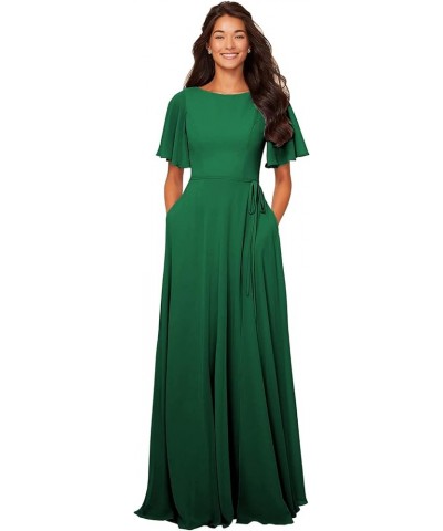 Flutter Short Sleeve Bridesmaid Dresses for Wedding 2024 Boat Neck Chiffon A-Line Formal Dress with Pockets Sash Emerald Gree...