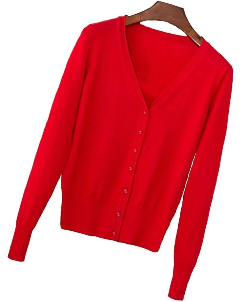 Women's V-Neck Button Down Long Sleeve Basic Knit Cardigan Sweater Red $14.78 Sweaters