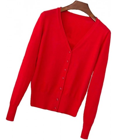 Women's V-Neck Button Down Long Sleeve Basic Knit Cardigan Sweater Red $14.78 Sweaters