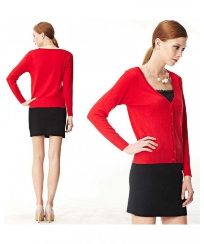 Women's V-Neck Button Down Long Sleeve Basic Knit Cardigan Sweater Red $14.78 Sweaters