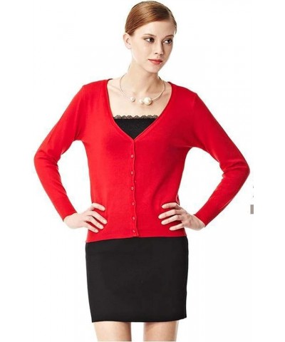 Women's V-Neck Button Down Long Sleeve Basic Knit Cardigan Sweater Red $14.78 Sweaters