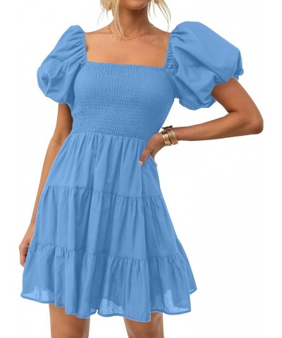 Women's 2024 Boho Summer Square Neck Puff Sleeve Off Shoulder Smocked Tiered Casual A Line Short Mini Dress Blue $22.67 Dresses