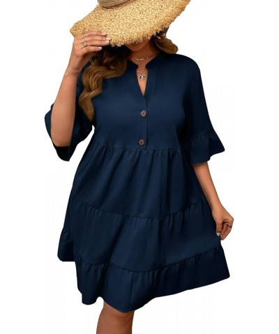 Women's Plus Size Flounce Sleeve Ruffle Hem Dress Notched Neck Button Babydoll Smock Dresses Plain Navy Blue $14.62 Dresses