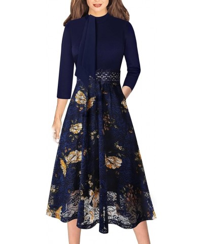 Womens Bow Tie Crew Neck Patchwork Pockets Work Office Cocktail Party A-Line Midi Dress Dark Blue + Floral Lace $21.56 Dresses