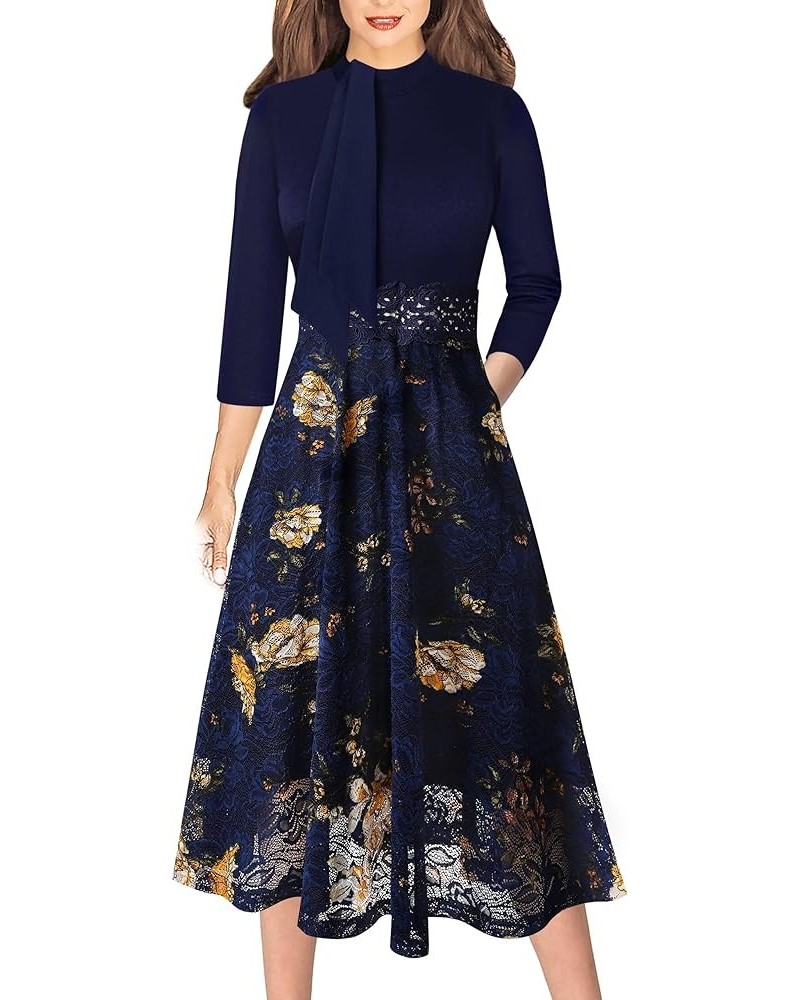 Womens Bow Tie Crew Neck Patchwork Pockets Work Office Cocktail Party A-Line Midi Dress Dark Blue + Floral Lace $21.56 Dresses