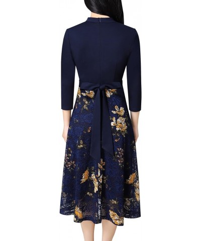 Womens Bow Tie Crew Neck Patchwork Pockets Work Office Cocktail Party A-Line Midi Dress Dark Blue + Floral Lace $21.56 Dresses