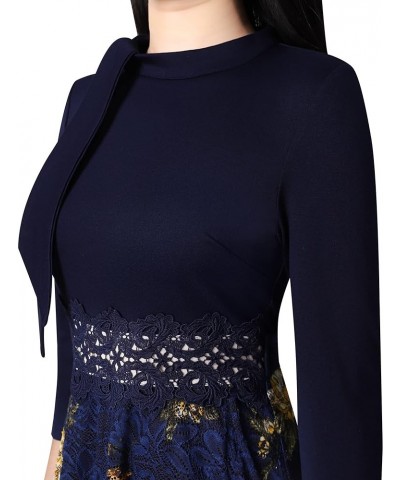 Womens Bow Tie Crew Neck Patchwork Pockets Work Office Cocktail Party A-Line Midi Dress Dark Blue + Floral Lace $21.56 Dresses