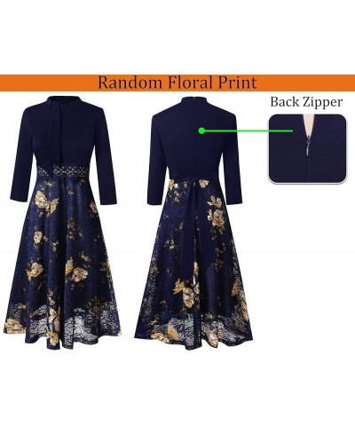 Womens Bow Tie Crew Neck Patchwork Pockets Work Office Cocktail Party A-Line Midi Dress Dark Blue + Floral Lace $21.56 Dresses