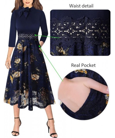 Womens Bow Tie Crew Neck Patchwork Pockets Work Office Cocktail Party A-Line Midi Dress Dark Blue + Floral Lace $21.56 Dresses