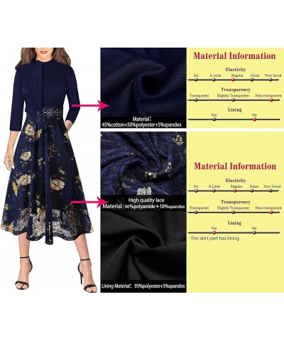 Womens Bow Tie Crew Neck Patchwork Pockets Work Office Cocktail Party A-Line Midi Dress Dark Blue + Floral Lace $21.56 Dresses