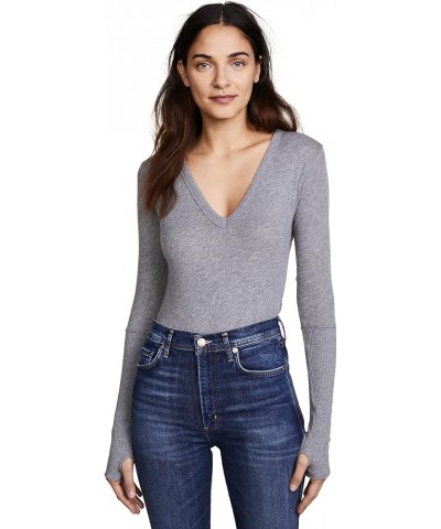 Women's Cashmere Blend Cuffed V-Neck Top with Thumbholes Smoke $53.94 T-Shirts