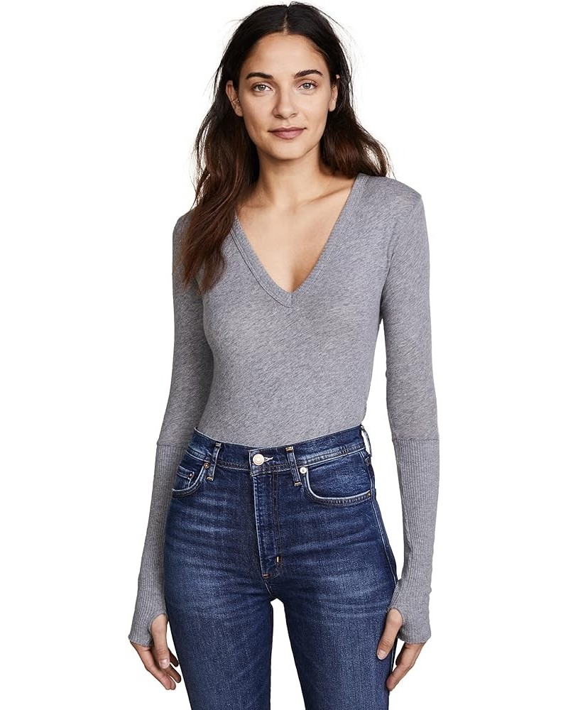 Women's Cashmere Blend Cuffed V-Neck Top with Thumbholes Smoke $53.94 T-Shirts