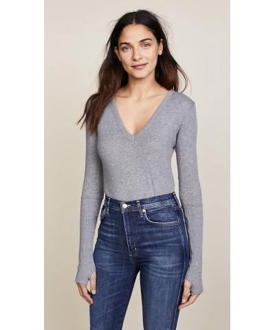 Women's Cashmere Blend Cuffed V-Neck Top with Thumbholes Smoke $53.94 T-Shirts