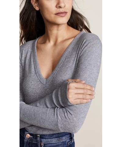 Women's Cashmere Blend Cuffed V-Neck Top with Thumbholes Smoke $53.94 T-Shirts