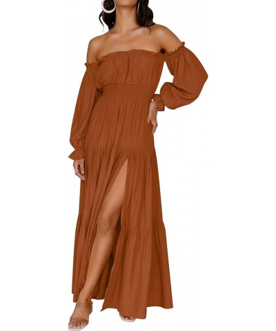 Women's 2024 Boho Sexy Off Shoulder Long Sleeve Smocked High Waist Side Split Flowy A Line Tiered Long Maxi Dress Caramel $24...