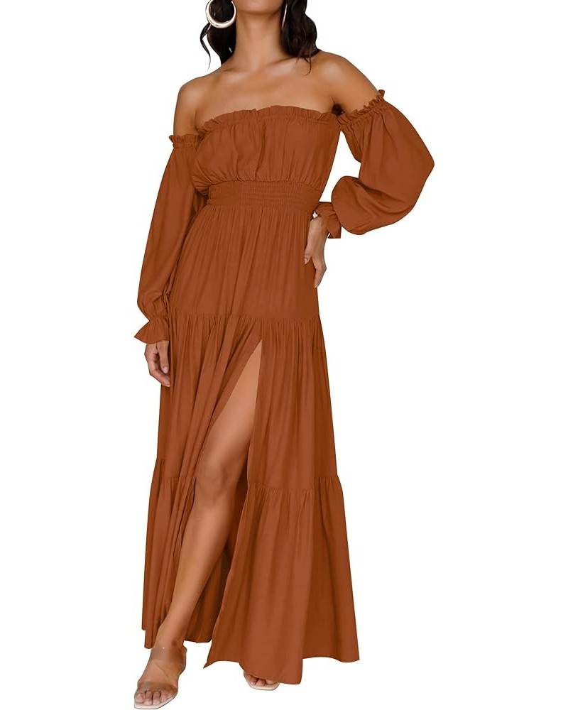 Women's 2024 Boho Sexy Off Shoulder Long Sleeve Smocked High Waist Side Split Flowy A Line Tiered Long Maxi Dress Caramel $24...