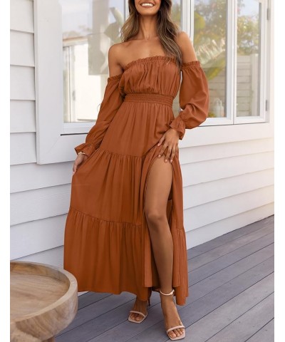 Women's 2024 Boho Sexy Off Shoulder Long Sleeve Smocked High Waist Side Split Flowy A Line Tiered Long Maxi Dress Caramel $24...