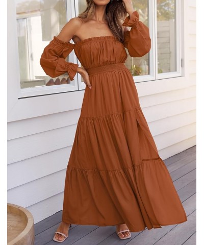 Women's 2024 Boho Sexy Off Shoulder Long Sleeve Smocked High Waist Side Split Flowy A Line Tiered Long Maxi Dress Caramel $24...