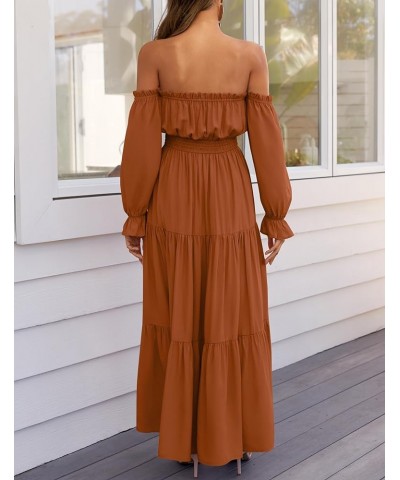 Women's 2024 Boho Sexy Off Shoulder Long Sleeve Smocked High Waist Side Split Flowy A Line Tiered Long Maxi Dress Caramel $24...