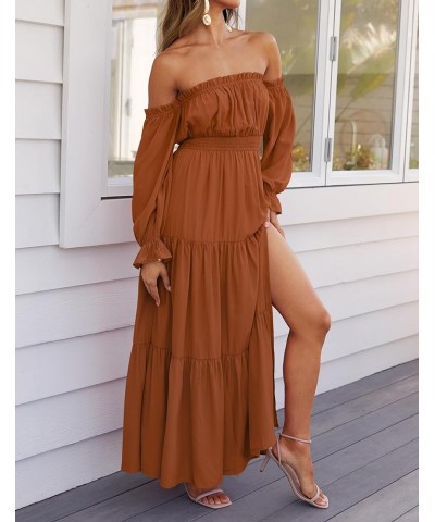 Women's 2024 Boho Sexy Off Shoulder Long Sleeve Smocked High Waist Side Split Flowy A Line Tiered Long Maxi Dress Caramel $24...