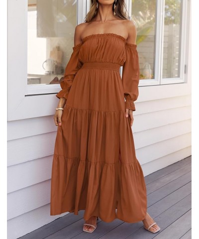 Women's 2024 Boho Sexy Off Shoulder Long Sleeve Smocked High Waist Side Split Flowy A Line Tiered Long Maxi Dress Caramel $24...