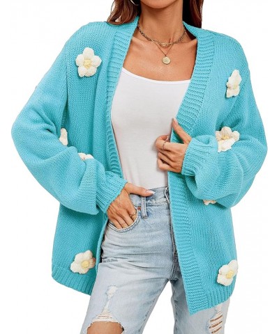 Women's Flower Cardigan Lantern Sleeve Sweater Flower Applique Open Front Knit Cardigan Sweater Floral Fit Knit Outfit Cyan $...