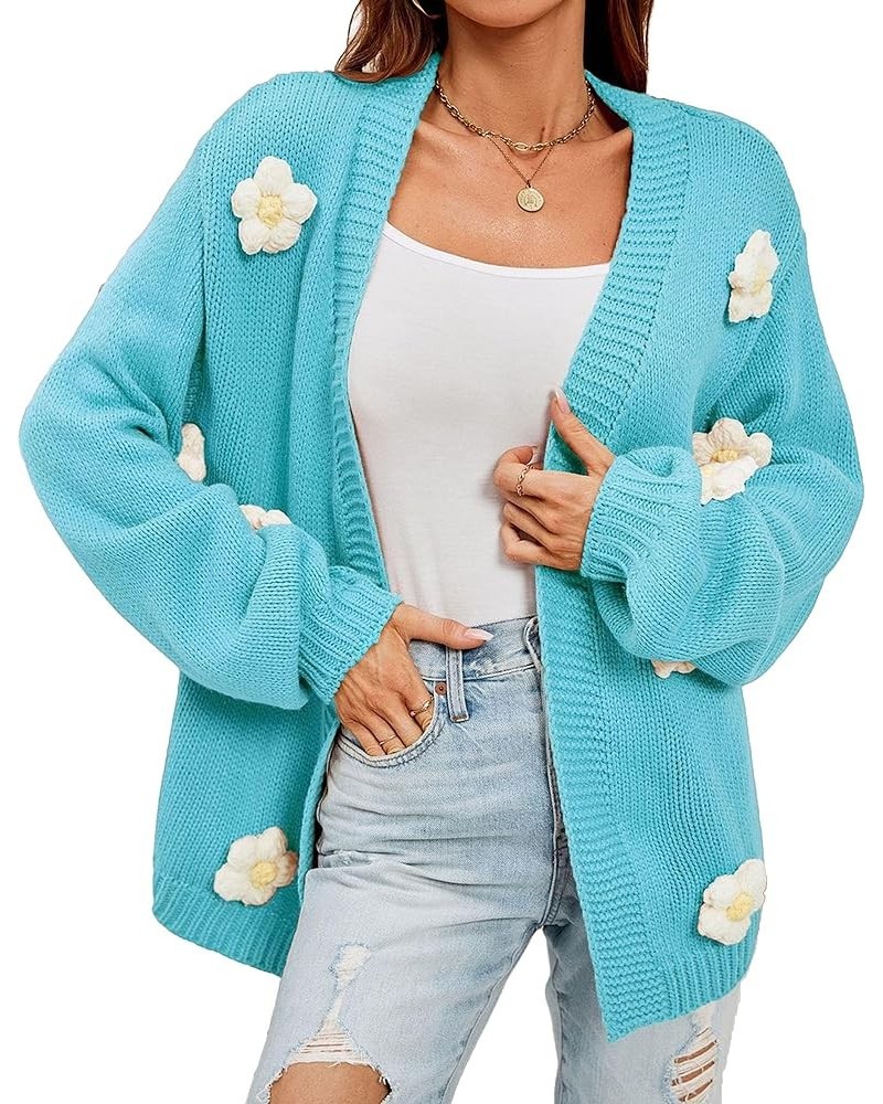 Women's Flower Cardigan Lantern Sleeve Sweater Flower Applique Open Front Knit Cardigan Sweater Floral Fit Knit Outfit Cyan $...