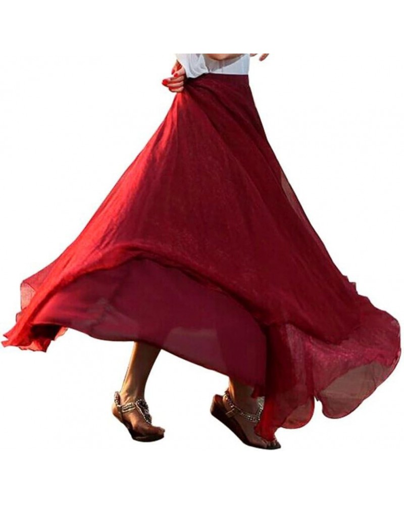 Skirts, Women Elastic Waist Chiffon Long Maxi Beach Dress Watermelon Red $12.86 Skirts